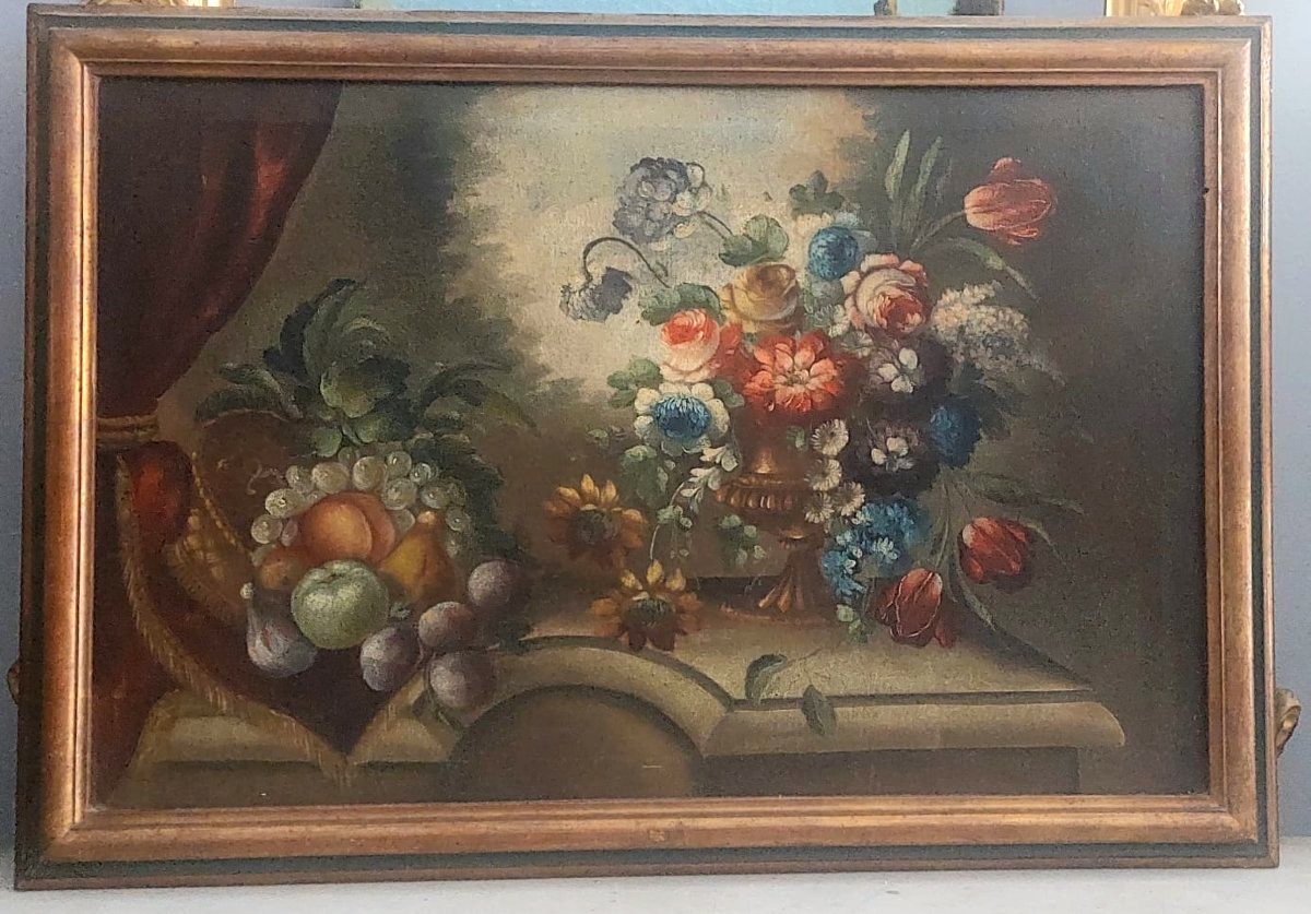 Peinture à l'huile sur toile nature morte au fleurs debut de   19ème siècle Italie-photo-1