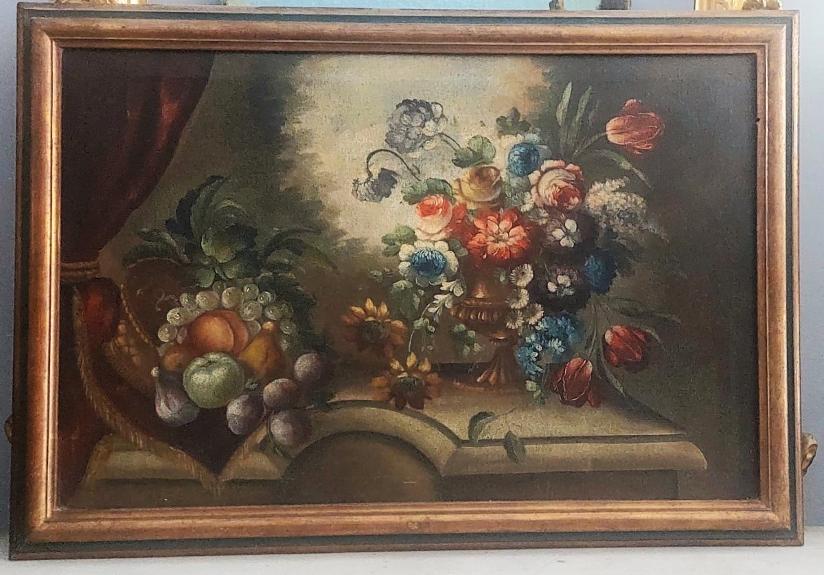 Oil Painting On Canvas Still Life Late With Flowers  First Century Italy