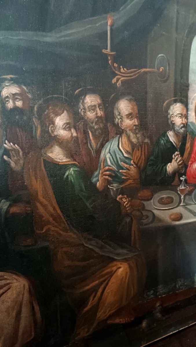 Antique Oil On Canvas "last Supper", Venetian School 17th Century-photo-4