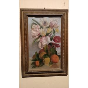 Oil Painting On Paper Depicting Flowers And Citrus Fruits - Signed A.sambuchi