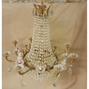 Large Bronze And Crystal Basket Chandelier