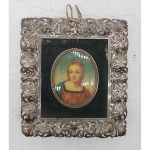 Painted Miniature Silver Frame - Virgin Mary - Signed