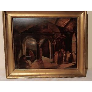 Ancient Painting Large Oil Sketch On Panel Friars Convent 19th Century