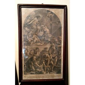 Gravure XVIIIème "inc.jacob Frey" Scène Biblique Saint Petronille 1731