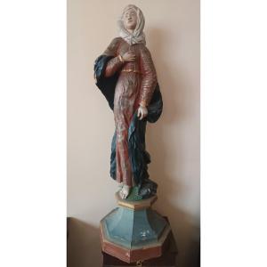 Large Ancient Polychrome Wooden Sculpture Of The Virgin Mary