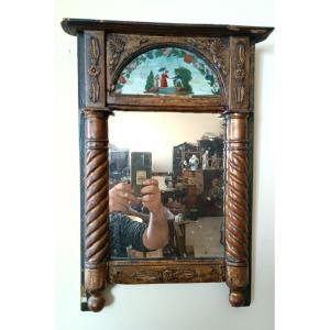 Small Antique Empire Mirror In Gilded Wood Painted On Glass