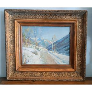 Giuseppe Sobrile Oil On Table 1932 Snowy Road Signed