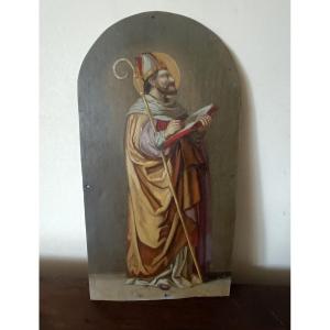 Saint Augustine, Ancient Painting On Sheet Metal, 19th Century 