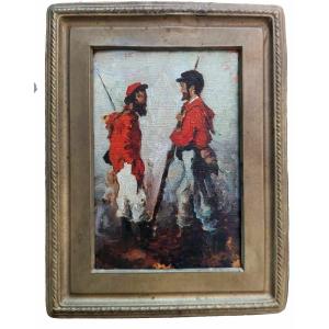 Oil Painting On Panel Depicting Garibaldi Soldiers From The Early 1900s In Italy