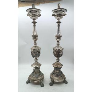 Pair Of Early 19th Century Empire Style Silvered Bronze Candlesticks