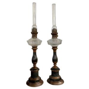 Pair Of Antique 19th Century Metal Oil Lamps In Empire Style Glass