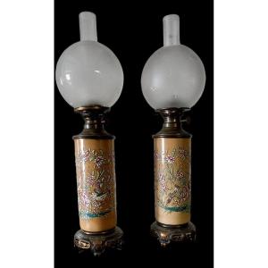 Pair Of Antique Glazed Ceramic Lamps With Oriental Motifs From The Early 1900s