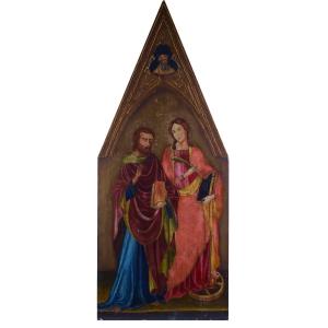 Peinture à La Détrempe Ancienne Sur Panneau Avec Des Saints, 19ème Siècle