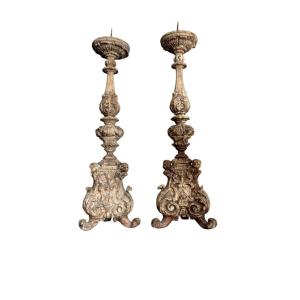 Pair Of Original Antique Baroque Carved Wood Candlesticks