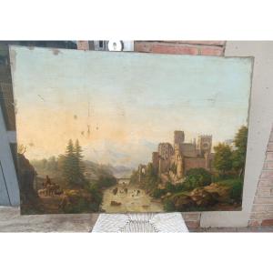 Grand Tableau Ancien Paysage De Château, Huile Sur Toile Signé Kraft 1850