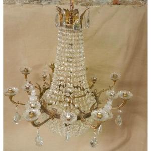 Grand Courbeille lampadaire De Lustre En Bronze Et Cristal XIX Siecle