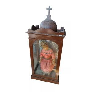 Grand Enfant Antique En Cire Avec Vitrine d'Origine