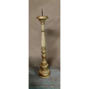 Antique 19th Century Wooden Candlestick With Golden Lacquer