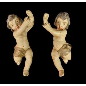 Paire d'Anges En Bois Polychrome XIXème