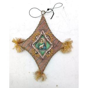 Antique Scapular Ex Voto In Embroidered Fabric Madonna 19th Century