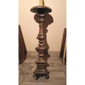 Large Silver Wood Candlestick 18th Century Electrified Floor Lamp