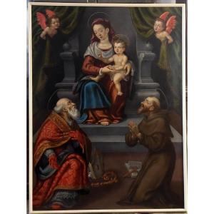 Ancient Painting - Oil On Canvas - Altarpiece - 18th Century - Madonna With Saints