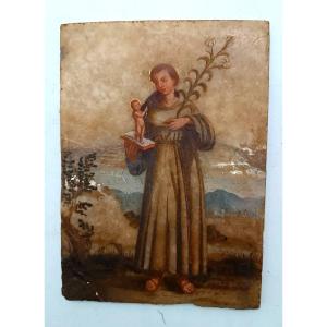 Ancient Painting On Alabaster 18th Century Italy, Saint Anthony Of Padua