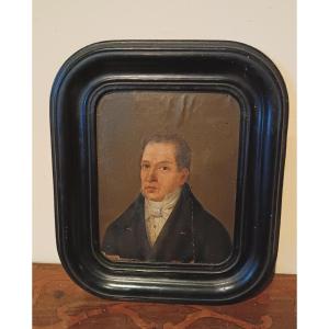 Antique Painting Early 19th Century Oil On Paper Portrait