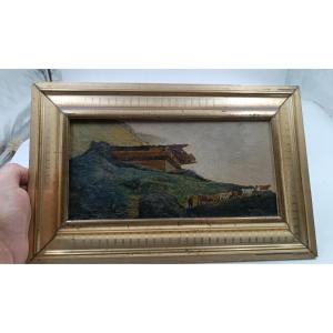 Antique Oil Painting On Cardboard Mountain Landscape Late 19th Century Italy