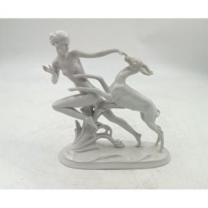 Art Deco Porcelain Group Schaubach Kunst Of Wallendorf - Nymph With Deer