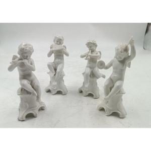 4 Figurines En Porcelaine Ginori N Couronnées 4 Putti Musiciens 19ème Siècle