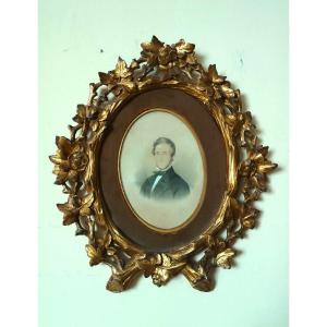 Antique Golden Carved Oval Frame With Portrait Drawing And White Lead Of A Gentleman