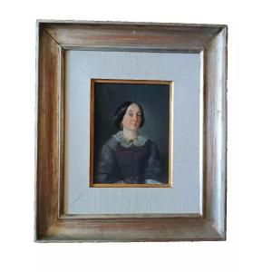 Oil On Canvas Antique Female Portrait Mid 19th Century Italy