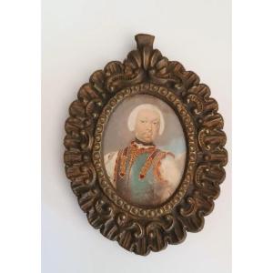 Peinture miniature sur ivoire portrait noble Italie XVIIIe siècle - cadre argenté