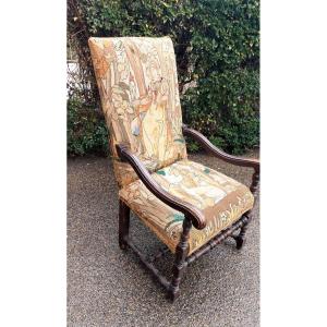 Antique Spool Armchair Baroque France 17th Century Small Stitch Tapestry