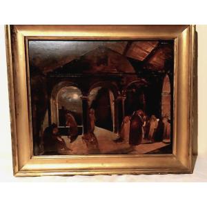 Ancient Painting Large Oil Sketch On Panel Friars Convent 19th Century