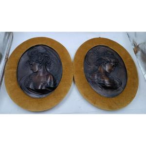 Pair Of Art Nouveau Bronze  Embossments Of Female Faces