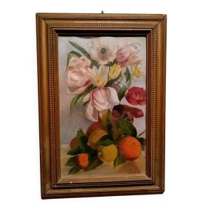 Tableau De La Fin Du 19ème Siècle, Signé, Fleurs, Citrons, Oranges. 67x43