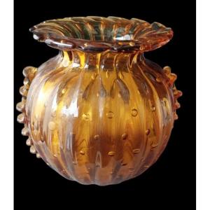 Rare Amber Murano Glass Collector Vase, Barovier Toso, 1950s Venice Italy.