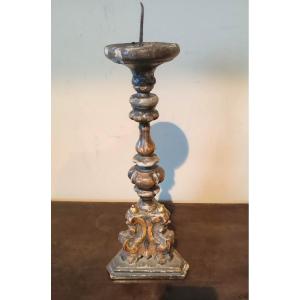 Antique Silver And Gold Lacquered Wood Candlestick Louis XIV Early 18th Century