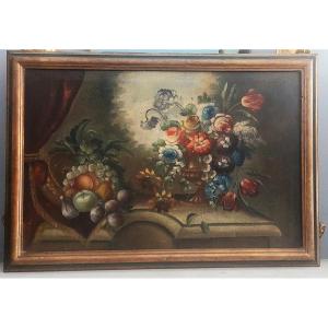 Oil Painting On Canvas Still Life Late With Flowers  First Century Italy