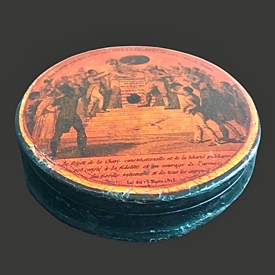 Papier Mache Snuff Box With Revolutionary Scene And Inscription