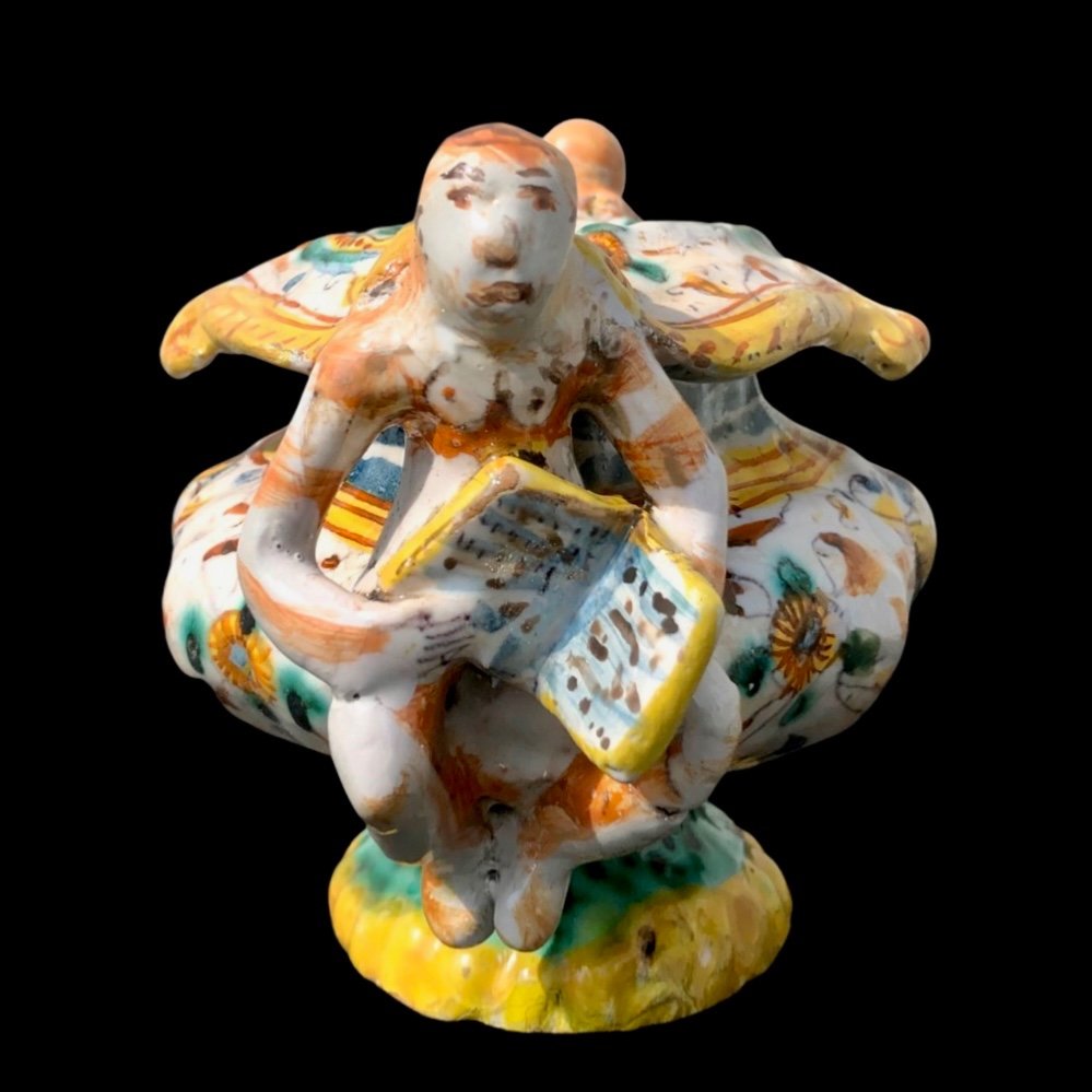 Majolica Salt Cellar With Handles In The Shape Of Angels Holding Books -photo-3