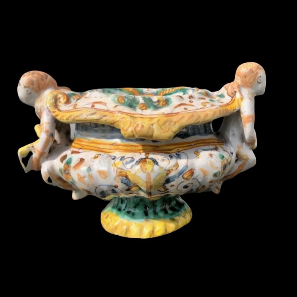 Majolica Salt Cellar With Handles In The Shape Of Angels Holding Books -photo-4