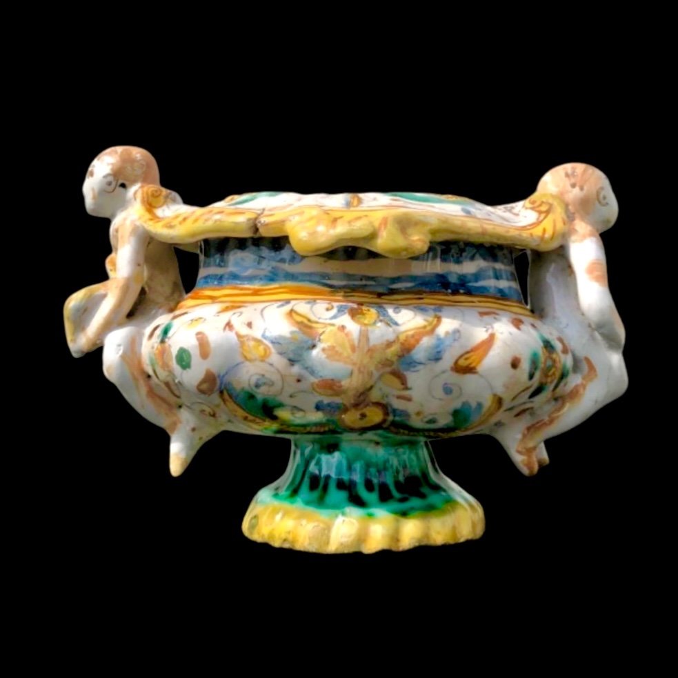 Majolica Salt Cellar With Handles In The Shape Of Angels Holding Books -photo-1