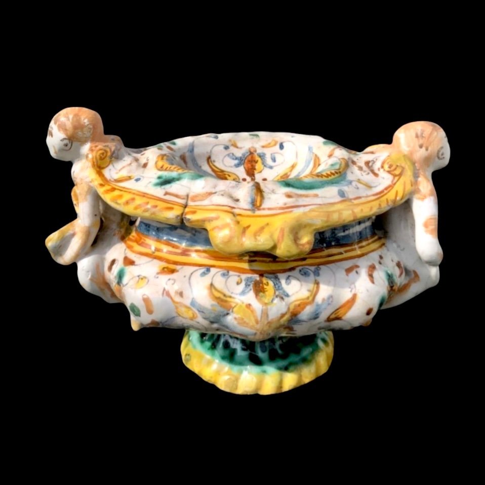 Majolica Salt Cellar With Handles In The Shape Of Angels Holding Books 