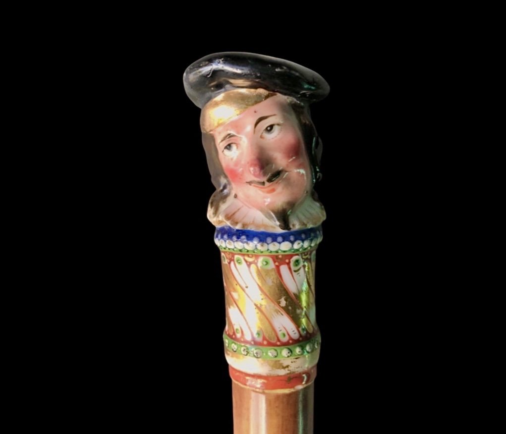 Stick With Porcelain Knob With Male Figure And Malacca Barrel. Nymphenburg, Germany