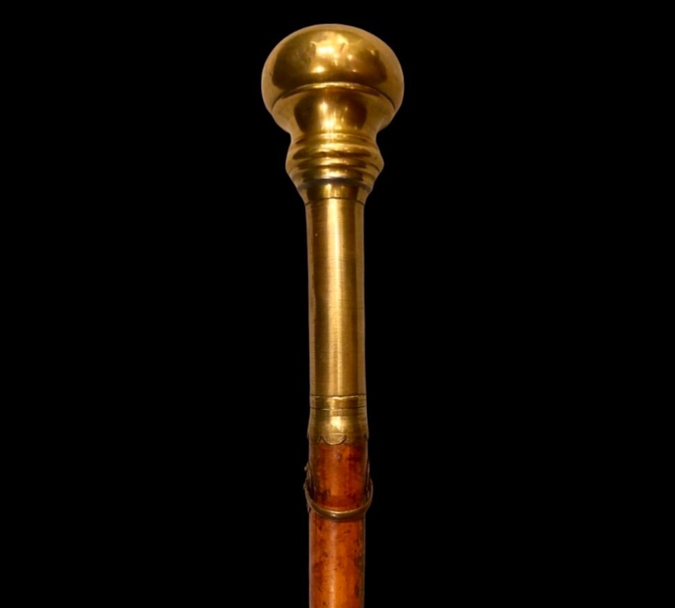 'compagnon' Ceremonial Stick With Bronze Knob With Engraved Symbol And Rattan Barrel. France. -photo-2