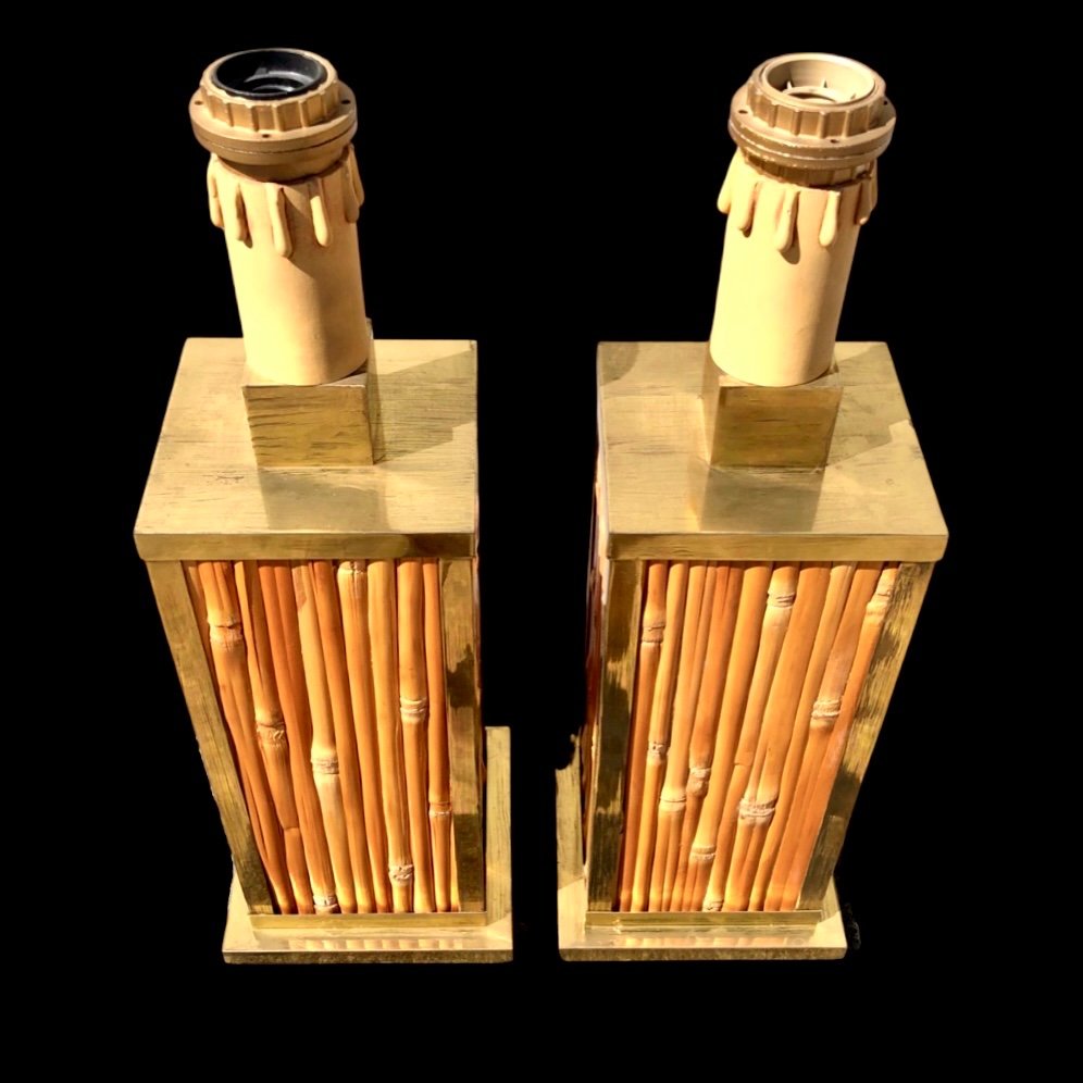 Paire De Lampes En Laiton Avec Couvercle En Bambou De Style Art-déco -photo-2
