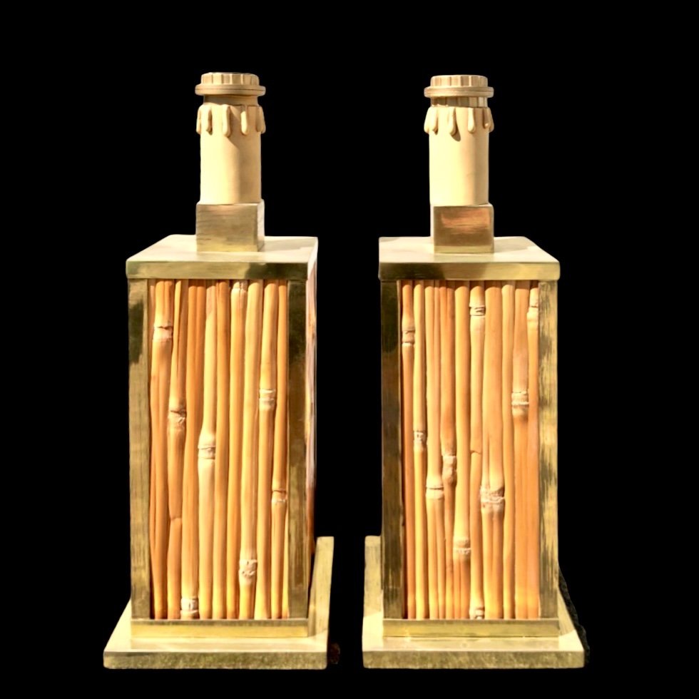 Paire De Lampes En Laiton Avec Couvercle En Bambou De Style Art-déco 